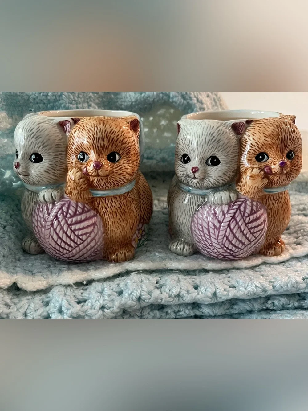 Vintage Ceramic Kittens with Yarn Cup/Trinket Holder